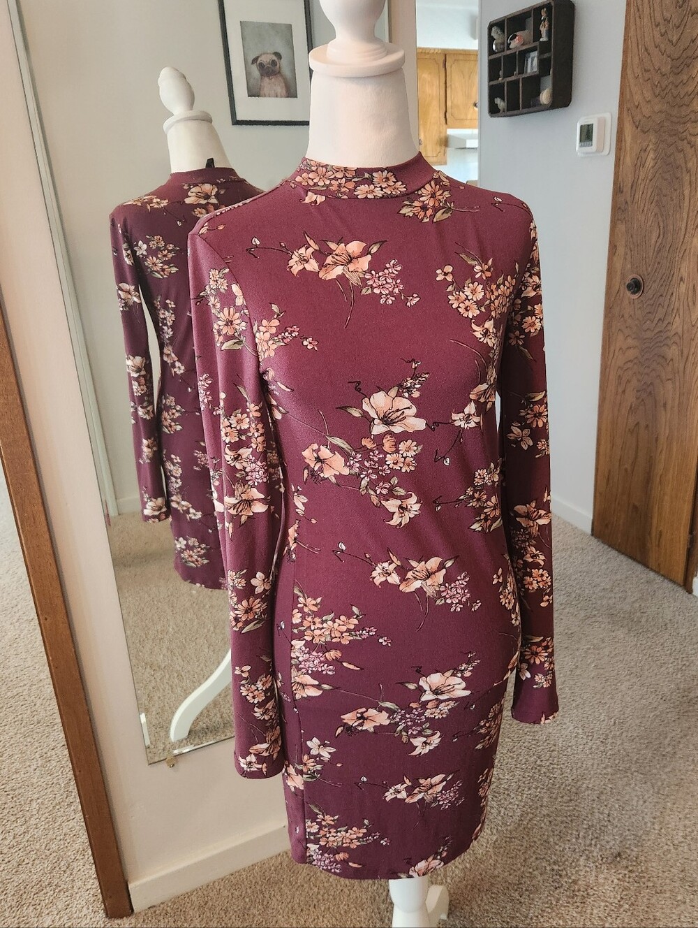 (2 For $25) Forever 21 Floral Long Sleeve Dress in Burgundy
